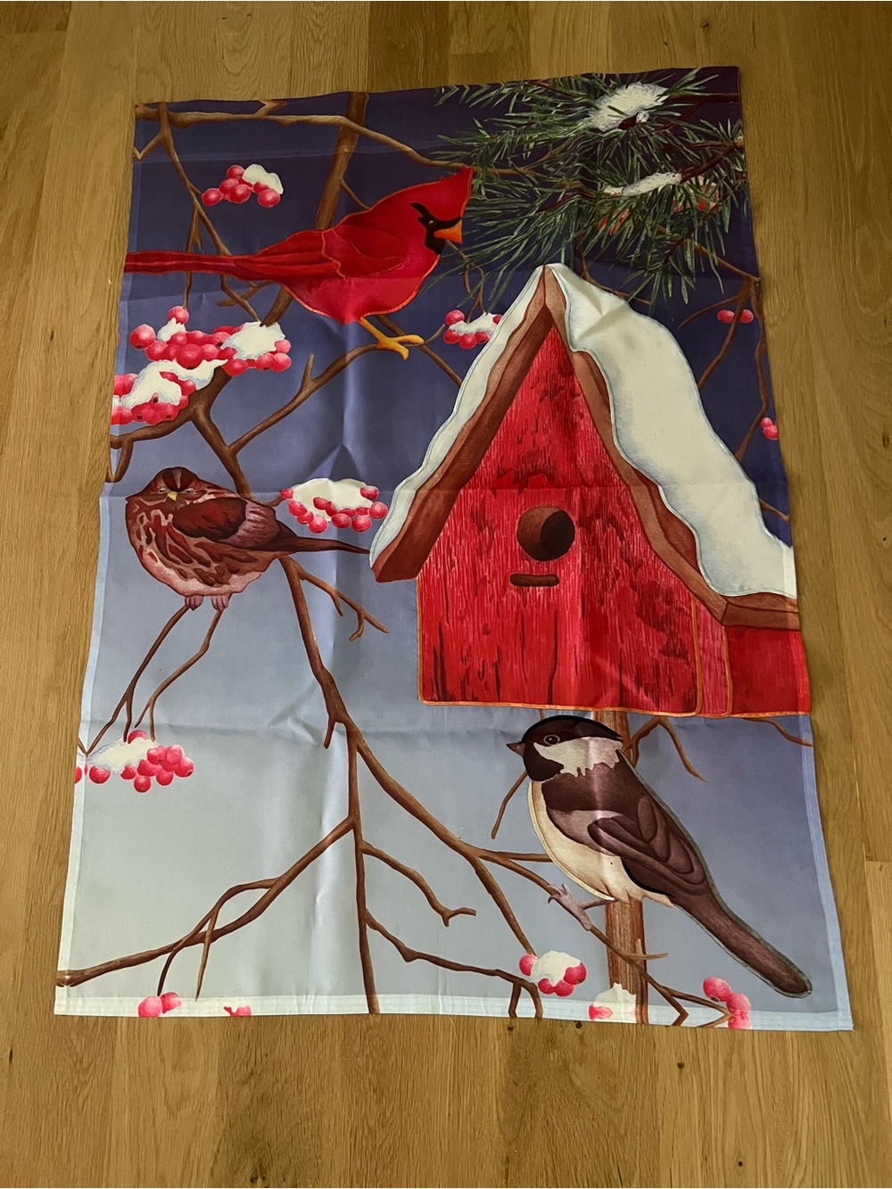 Large winter yard/garden flag with red birdhouse red berries and birds